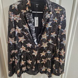 Nasty Gal Black Sequin Blazer with Multicolor Star Accents